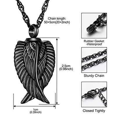 Angel Wing Cremation Necklace for Ashes Stainless Steel Urn Pendant Ashes Holder Memorial Jewelry-I’m Here WATCHING Over You - color: Black-Gift Box