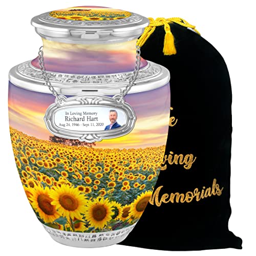 Personalized Medallion Flourished Sunflowers Cremation Urns for Adult Ashes Male Female - 200lbs Burial Urns for Human Ashes - Handcrafted Funeral Decorative Urns for Ashes Adult Male with Velvet Bag - color: Flourished Sunflower Fields Free Personalized