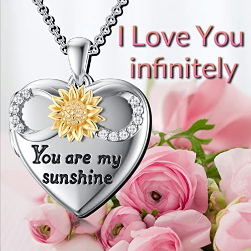 SOULMEET Personalized Silver Locket Necklace That Holds Pictures Photo Keep Someone Near to You, Memorial Custom Lockets Necklaces Letters Engraving for His Her - color: A4-Infinity sunflower-Two tones White+Yellow, style: Locket Necklace Only