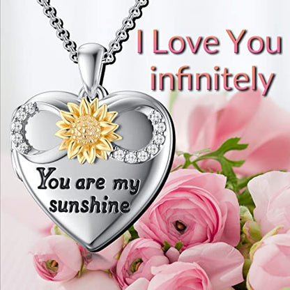 SOULMEET Personalized Silver Locket Necklace That Holds Pictures Photo Keep Someone Near to You, Memorial Custom Lockets Necklaces Letters Engraving for His Her - color: A4-Infinity sunflower-Two tones White+Yellow, style: Locket Necklace Only