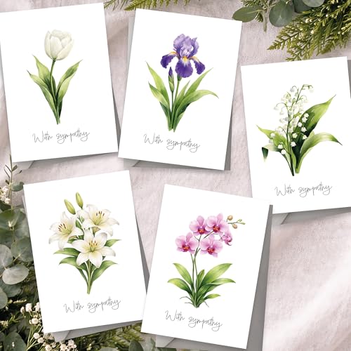 10 Sympathy Greeting Cards with Envelopes, Multipack of Think You Bulk Notecards, Blank Inside for Handwritten Message, Condolences, Bereavement, Mixed Delicate Designs, Eco-friendly