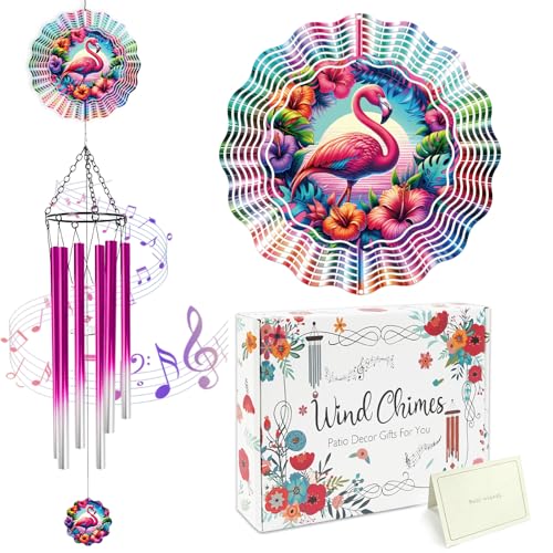 Flamingo Wind Chimes for Outside with Wind Spinner, Summer Garden Patio Yard Porch Decor, Tropical Flower Wind Chime with Colorful Gift Box, Summer Birthday Housewarming Gifts for Women Mom - color: Pink Flamingo