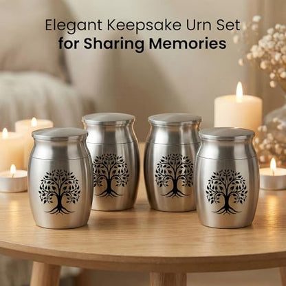 Stainless Steel Silver Urn for Ashes Male & Female, Cremation urns for Human Ashes Man & Women, Set of 7 Includes 1 Large Urn, 4 Keepsakes & 1 Silver & Black Cross Necklace- Tree of Life - color: Stainless Steel Tree of Life Urn - Strandard Set