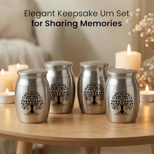 Stainless Steel Silver Urn for Ashes Male & Female, Cremation urns for Human Ashes Man & Women, Set of 7 Includes 1 Large Urn, 4 Keepsakes & 1 Silver & Black Cross Necklace- Tree of Life - color: Stainless Steel Tree of Life Urn - Strandard Set