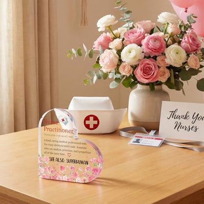 Smile Nurses Week Heart-Shaped Acrylic Tabletop Decor Nurse Practitioner Definition Desktop Plaque with Floral Nurse Cap Indoor Home & Office Decor - style: Nurse