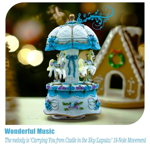 Carousel Music Box,Luxury Color Change LED Light ,Luminous Rotating 3-horse | Luminous Music Box, musical box with Gift Box for Girls Birthday Valentine Gift (Castle in the Sky, Blue) - color: Blue, style: Castle in the Sky