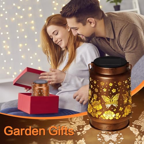 Butterfly Solar Lanterns Outdoor Waterproof Rose Garden Decor Gifts for Women Mom Grandma Hanging Solar Lights Metal Solar Decoration Outside for Yard,Patio,Backyard,Porch - style: C. 1 Pack Rose Butterfly Lantern