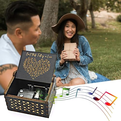 Can't Help Falling in Love Wood Music Box, Antique Engraved Music Boxes | Wooden Music Box Gifts for Lover, Boyfriend, Girlfriend, Husband,Wife (Black) - color: Black