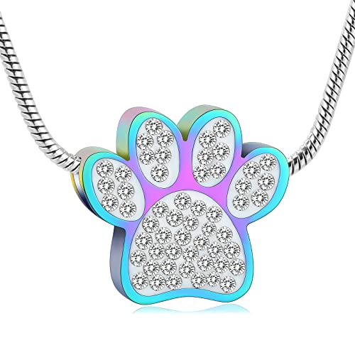 Paw Print Urn Necklace for Ashes Pet Paw Cremation Jewelry Ashes Necklace Keepsake Memorial Jewelry for Pet/Dog's/Cat's Ashes Pendant Gifts for Men/Women - color: Rainbow