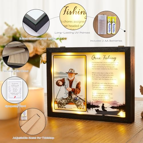 WOODEXPE Sympathy Gift LED Memorial Shadow Box 10"x8" Gone Fishing Memorial Picture Frame Plaque, Remembrance Funeral Condolences Bereavement Grief Gifts for Loss of Loved One