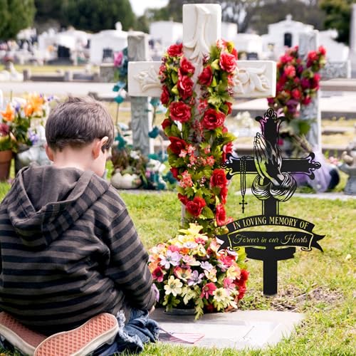 Memorial Cross Grave Marker with Praying Hands & Rosary - color: Cross