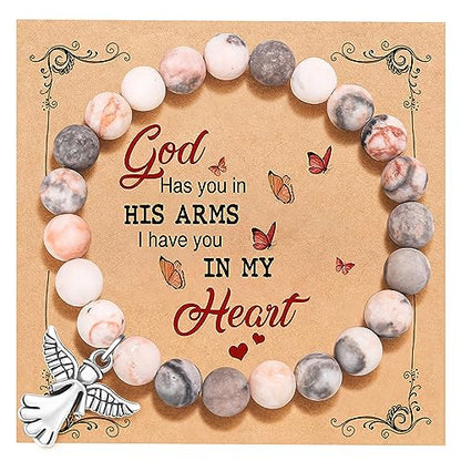 QWNHONEY Memorial Gifts for Loss of Loved Sympathy Remembrance In Memory of Mother Father Pet Bereavement Grief Pink Red Beads Bracelet with Angle Wings Jewelry Gifts for Women - style: Pink-Angel-God has you in his arms