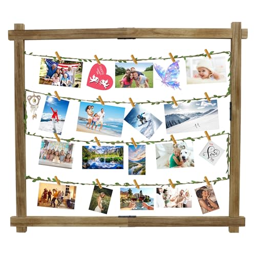 Photo Display Board with 35 Clips Wooden Picture Frame Collage Decor Table Wall Hanging Decoration Pictures Organizer Wood Holder for Hanging Photos, Artworks, Postcards, Greeting Cards (Wood)