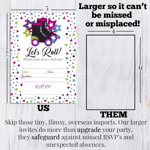 Let’s Roll Star Roller Skating Birthday Party Invitations, 20 5x7 Fill In Cards with Twenty White Envelopes by AmandaCreation - style: Let’s Roll Star Roller Skating