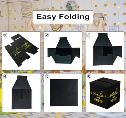 WNINK Black Card Box with Gold Foil Design, Cards and Wishes Gift Cards Box Receiving Box for Wedding Receptions, Bridal & Baby Showers, Anniversaries, Birthdays Party, Graduations, Retirements - color: Cards Wishes Black Gold