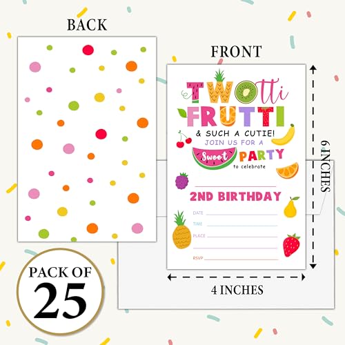 Birthday Invitations for Girls Boys - Tutti Frutti 2th Bday Invites with Envelopes(25-Count) - Turning 2 Fill-in Invite Cards for Party Supplies Favors Decorations - F17 - style: Tutti Frutti 2th