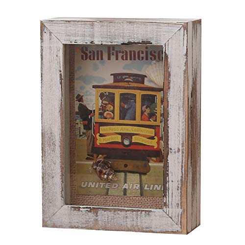5x7 Shadow Box Frame (Display Area 4x6), Small Shadow Box with Glass, Mini Picture Shadow Box with Hinge, Memory Box for Memorabilia Photos Tickets Conch - Distressed White | Mini Keepsake Display Case, Hinged Solid Wood Shadow Box with Glass Front for Ph