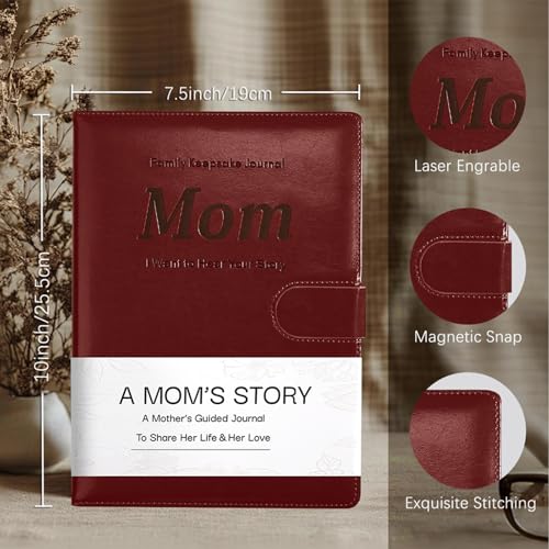 Artmag Mom's Life Story Journal with 250+ Prompt Questions, Family Keepsake Book Leather Cover for Mom to Share Her Memories for Birthday Mother's Day Christmas (Red) - style: Mom's Life Story Journal （Red）