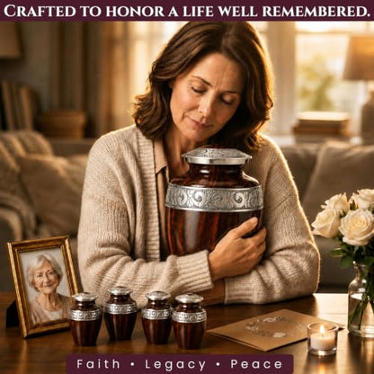 Set of 6 Custom Engraved Wooden Grain Cremation Urns for Human Ashes Adult Male & Female - Includes 1 Large Wooden Grain Urn with 4 Small Keepsakes & 1 Silver NecklaceUrn - color: Wooden Grain - Custom Strandard Set