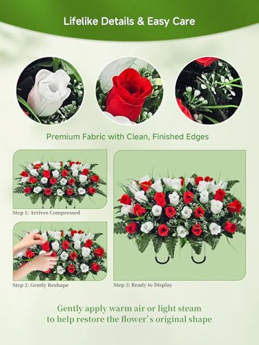 42-Stem Red & White Headstone Flower Saddle with Adjustable Rubber Grip - color: 42 Stem Red & White