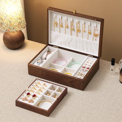 Black Walnut Wooden Jewelry Box, 2 Layer Large Necklace Organizer for Women - color: 2 Layer Large