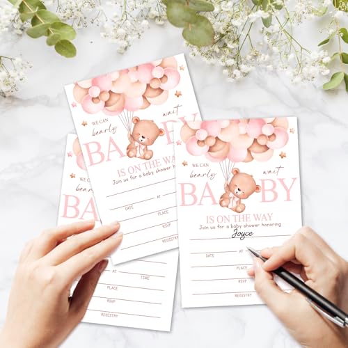 We Can Bearly Wait Baby Shower Invitations for Girls, Bear Balloon Invite Cards for Baby Announcement, 25 Set of Fill-in Baby Shower Invites with Envelopes, Gender Reveal Party Supplies -B07 - color: Pastel
