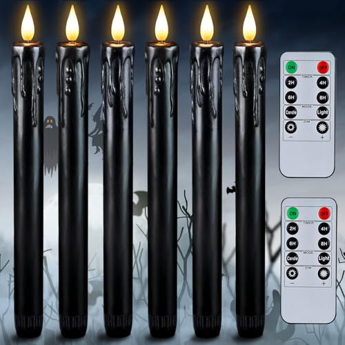 Homemory Black Flameless Taper Candles with Remote and Timer, Real Wax LED Taper Candles Battery Operated, Flickering Candle Sticks for Party Halloween Indoor Decoration, 6 Pcs, 9.6 inches - color: Black, size: 9.6 inch