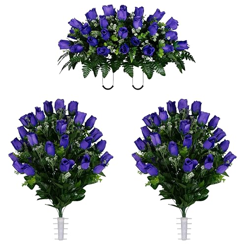 Sympathy Silks Artificial Cemetery Flowers - Gravesite Flowers - Purple Roses - (1) Headstone Flower Saddle & (2) Matching Bouquet - color: Purple Roses, size: (1) Saddle (2) Bouquet