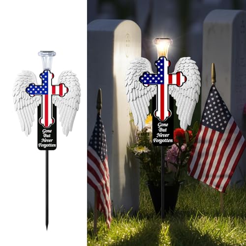 Solar Memorial Cross with Angel Wings - Patriotic American Flag Cemetery Decorations - 2026 USA 250th Anniversary Veteran Grave Marker, Father's Day Tribute - style: Angel wings