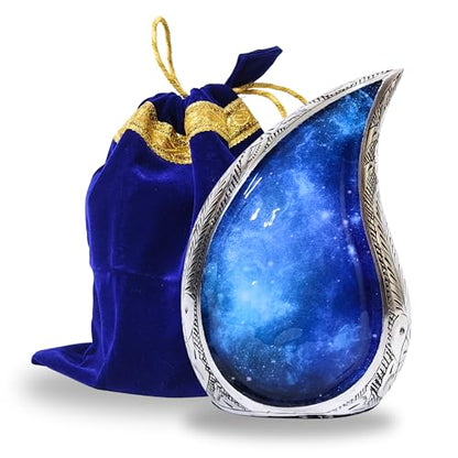 NORSE'S TRADECRAFT Teardrop Urn for Ashes Adult Male & Female with Blue Cosmic Swirl Design | Handcrafted Metal Cremation Urn with Velvet Bag | Memorial Gifts for Funeral - 60 cu in