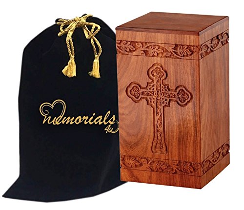 Solid Rosewood Cremation Urn with Hand-Carved Cross Design for Human Ashes - color: Solid Rosewood