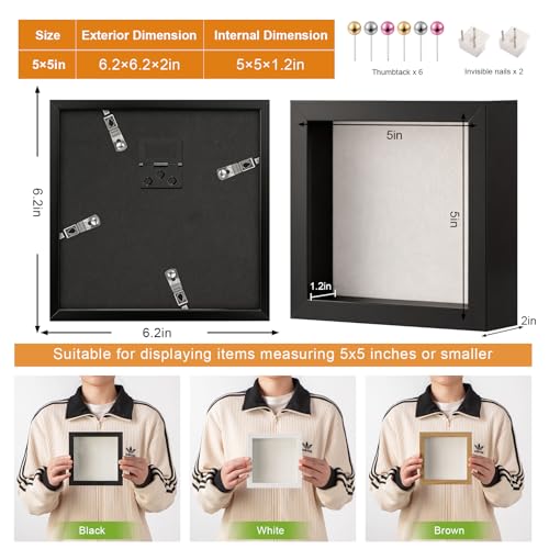 5x5 Small Shadow Box Frame with Ultra-Clear Glass & Soft Linen Back | With Push Pins, Deep 1.2" Black Shadow Box Display Case – Display on Tabletop or Wall for Insect, Photo, Flower, Keepsakes - color: Black+high Definition Panel + Shatter-proof Packaging