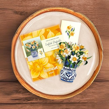 Freshcut Paper Pop Up Cards, Mini English Daffodils, 6 Inch Mini Sized Forever Flower Bouquet 3D Popup Greeting Cards, Birthday Cards, Get Well Gifts, Blank Notecard & Envelope (Pack of 3) - color: English Daffodils, size: Mini (Pack of 3)