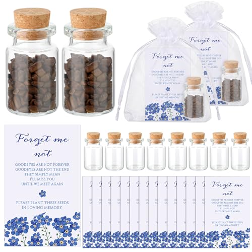 Tanlade 100 Set Funeral Favors Include Funeral Prayer Cards Celebration of Life Memorial Card Memorial Seeds Glass Bottles with Cork Stopper Organza Bags for Loss of Loved One, No Seed (Forget Me Not) - style: Forget Me Not