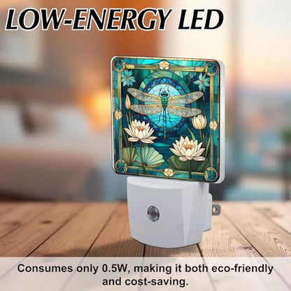 Dragonfly & Flowers Stained Glass Night Lights Plug into Wall for Room, Dragonfly & Flowers Night Light LED for Bedroom - color: Dragonfly & Flowers