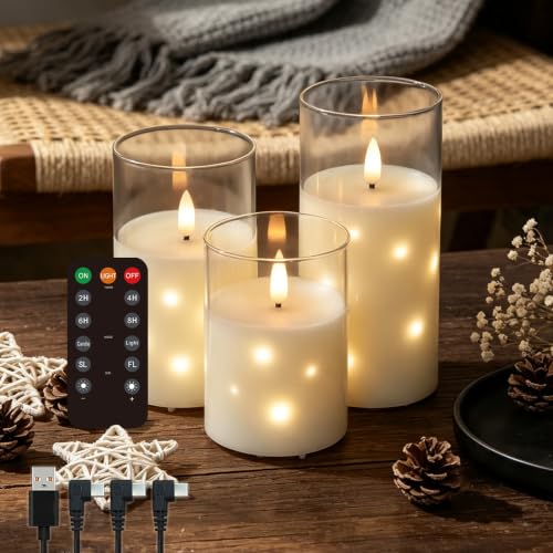 LEDHOLYT Clear Glass Rechargeable LED Flameless Candles, Embedded Star String Flickering Flameless Candles for Romantic Ambiance and Home Decoration with Remote & Timer - color: Rechargeable-Clear Glass