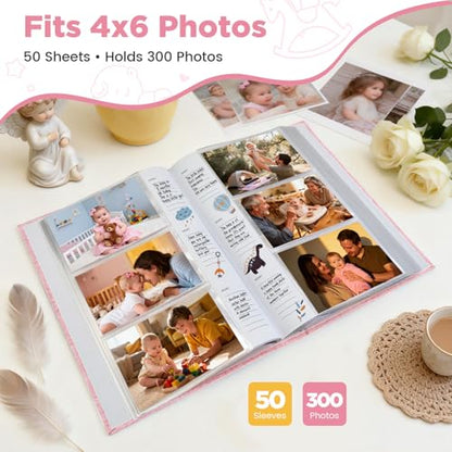 Baby Photo Album 4x6 300 Pockets with Memo Area, Photo Stickers & Hand and Footprint Kit, Linen Cover Baby Memory Book with Front Window, First Year Keepsake for Newborn Boy Girl - color: Pink