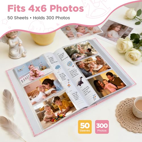 Baby Photo Album 4x6 300 Pockets with Memo Area, Photo Stickers & Hand and Footprint Kit, Linen Cover Baby Memory Book with Front Window, First Year Keepsake for Newborn Boy Girl - color: Pink