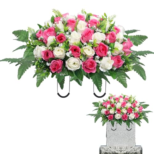 Artificial Cemetery Flowers Saddle,Cemetery Grave Decoration Headstone Flower Saddle Rose Headstone Flower Saddle Outdoor Grave Decorations (Pink White) - color: Pink White