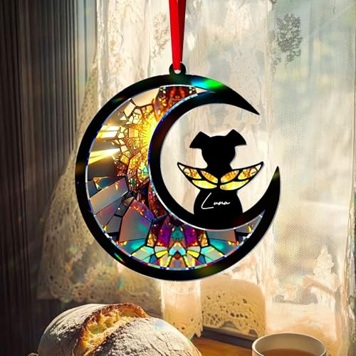 Dog Memorial Suncatcher – DIY Dog Angel Memorial Acrylic and Wood Ornament – Personalized Pet Loss Window Hanging – Sympathy Gift for Pet Lovers, Loss of Remembrance Gift, Wings on Moon