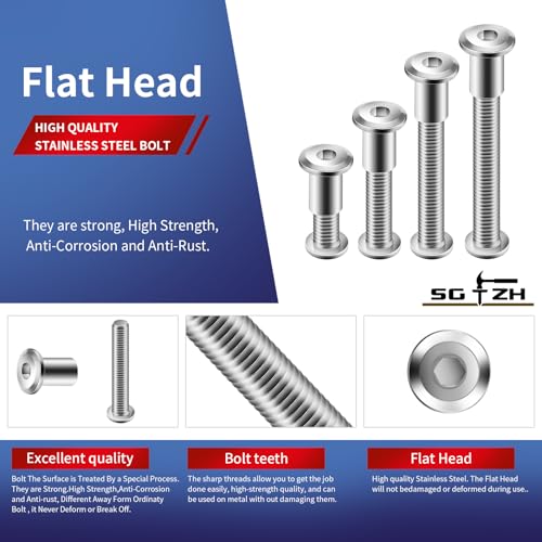 1/4-20 x 1/2" 20Pcs Flat Head Hex Socket Cap Screws Bolts Barrel Nuts Kit, 304 Stainless Steel 18-8, Full Thread by SG TZH (with Hex Spanner) - color: Silver, size: 1/4-20 x 1/2"