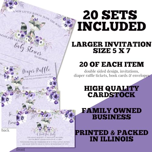 Baby Shower Invites for Girls – Raccoon Girl Baby Shower Invitation Bundle with Diaper Raffle Tickets, Book Request Cards & Envelopes. Set of 20 5X7 Watercolor Floral Invitation Kit Sets - style: Raccoon