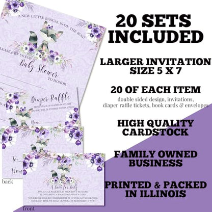 Baby Shower Invites for Girls – Raccoon Girl Baby Shower Invitation Bundle with Diaper Raffle Tickets, Book Request Cards & Envelopes. Set of 20 5X7 Watercolor Floral Invitation Kit Sets - style: Raccoon