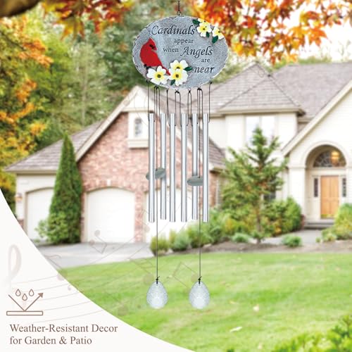 24'' Cardinal Wind Chimes for Outside, Cardinal Wind Chime for Loss of Loved One, Red Bird WindChimes for Garden Patio Balcony, Outdoor Memorial Windchime Sympathy Gifts for Women, Men