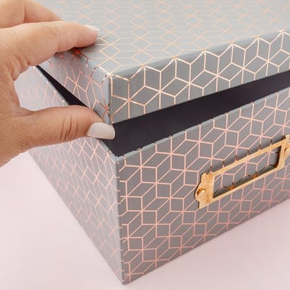 American Crafts Photo Keepsake Box with Lid, Gray Geo with Rose Gold Foil, 11x7.4x4.3, Decorative Photo Storage & Memory Box