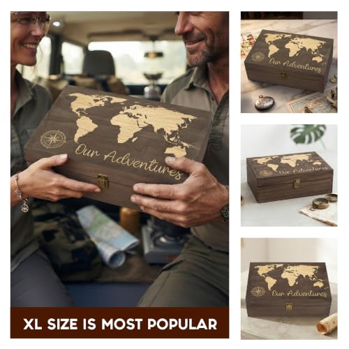 Our Adventure Engraved Wooden Keepsake Box, Memory Storage Box with Inside Engraving, Wooden Treasure Box for Travel Memories, Photos, Souvenirs, Couples & Special Moments, X-Large 14.15 x 9.5 x 4.5" - size: X-Large, style: Adventures