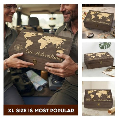Our Adventure Engraved Wooden Keepsake Box, Memory Storage Box with Inside Engraving, Wooden Treasure Box for Travel Memories, Photos, Souvenirs, Couples & Special Moments, X-Large 14.15 x 9.5 x 4.5" - size: X-Large, style: Adventures