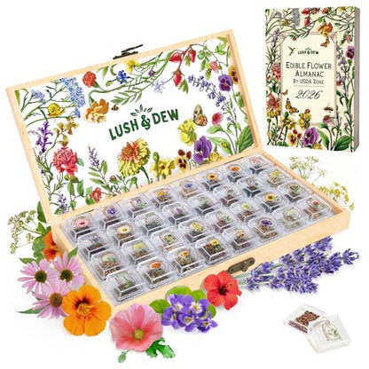Lush&Dew Edible Flower Seed Bank with Almanac, Gardening Gifts for Women | 32 Types 30,000+ Non-GMO Heirloom Seeds for Planting Culinary Flowers, Survival Seed Kit, Gardener Gifts, Annuals Perennials - style: Edible Flowers