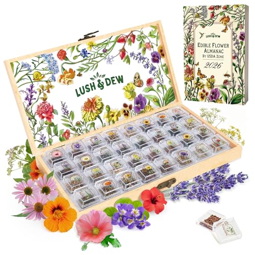 Lush&Dew Edible Flower Seed Bank with Almanac, Gardening Gifts for Women | 32 Types 30,000+ Non-GMO Heirloom Seeds for Planting Culinary Flowers, Survival Seed Kit, Gardener Gifts, Annuals Perennials - style: Edible Flowers