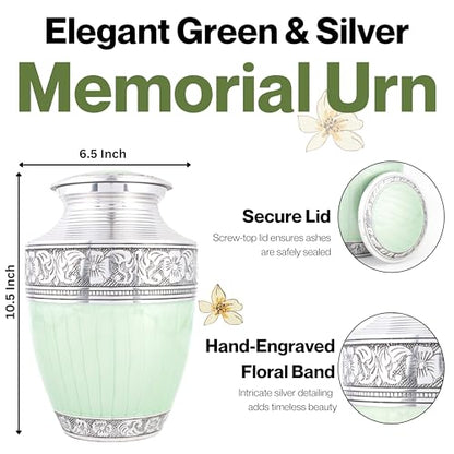 Alpha Living Home Cremation Urn for Human Ashes, Green & Silver - color: Green Silver, size: Hand Engraved